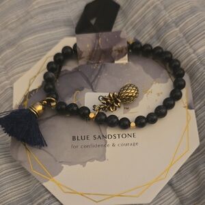 Blue Sandstone Beaded Bracelet with Tassel and Pineapple Charm